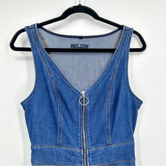 7 For All Mankind Denim Blue Jean Ring Zipper Front V Neck Midi Dress Size XS - Picture 2 of 7